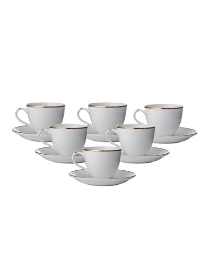Clay Craft Fine Ceramic 22k Gold Line Cup & Saucer Set of 12 (6 Cups + 6 Saucers) - 180 ml Each (Cup Diamond)