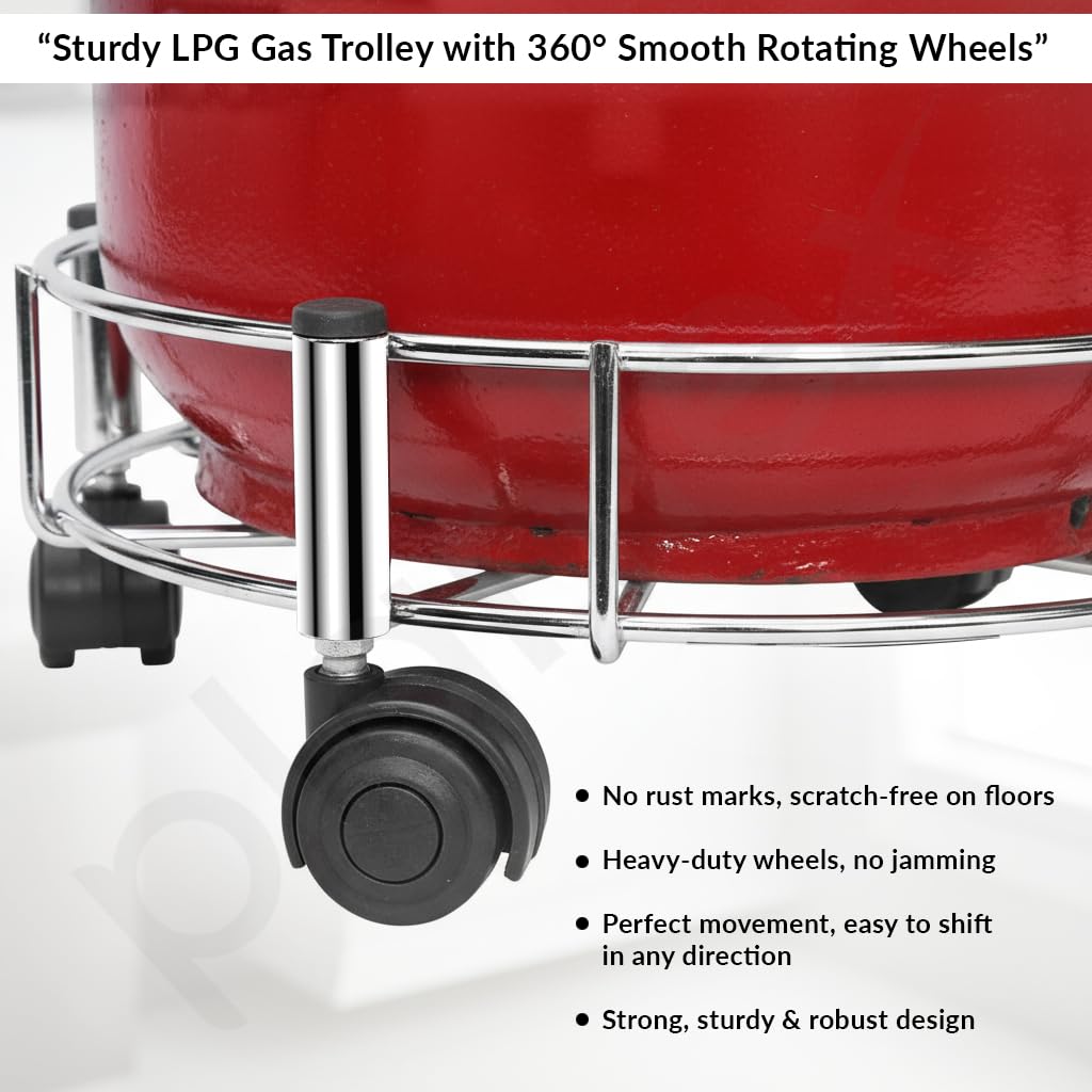 Plantex Gas Cylinder Trolley with Wheels/Stainless Steel LPG Cylinder Stand/Heavy Duty Rolling Gas Stand with Easy Movement Kitchen Lpg Trolley (Chrome, Pack of 1)-5
