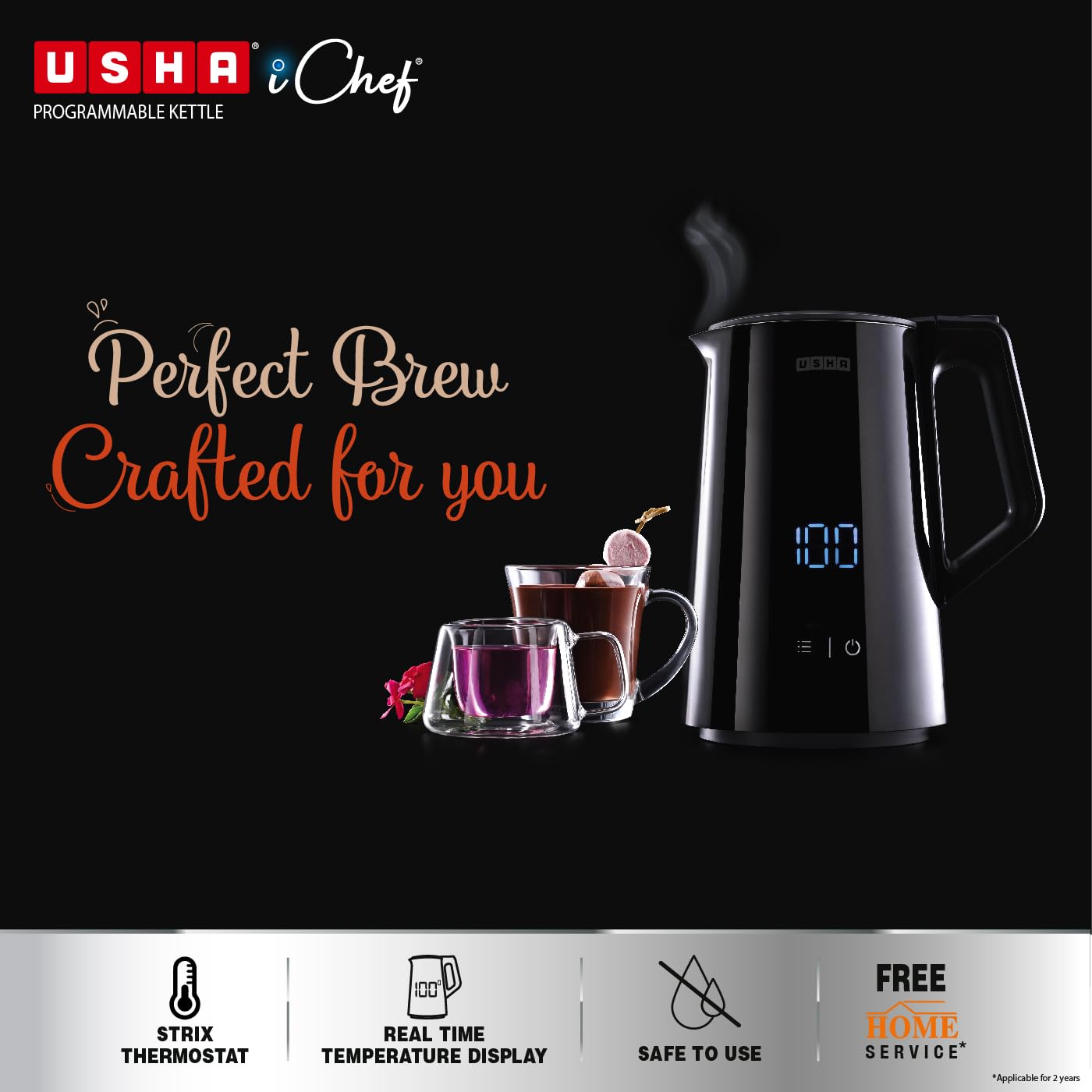 Usha ICHEF Programmable Kettle 2000 Watt| 1.5L | Digital LED Display & Touch control | Double wall for protection from hot exterior| 4 Pre-set modes| Safety with auto cut off | 2 Years Warranty(Black)