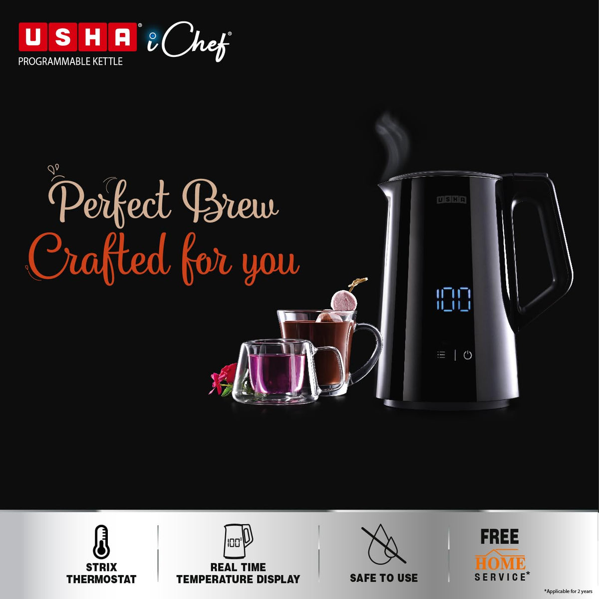 Usha ICHEF Programmable Kettle 2000 Watt| 1.5L | Digital LED Display & Touch control | Double wall for protection from hot exterior| 4 Pre-set modes| Safety with auto cut off | 2 Years Warranty(Black)