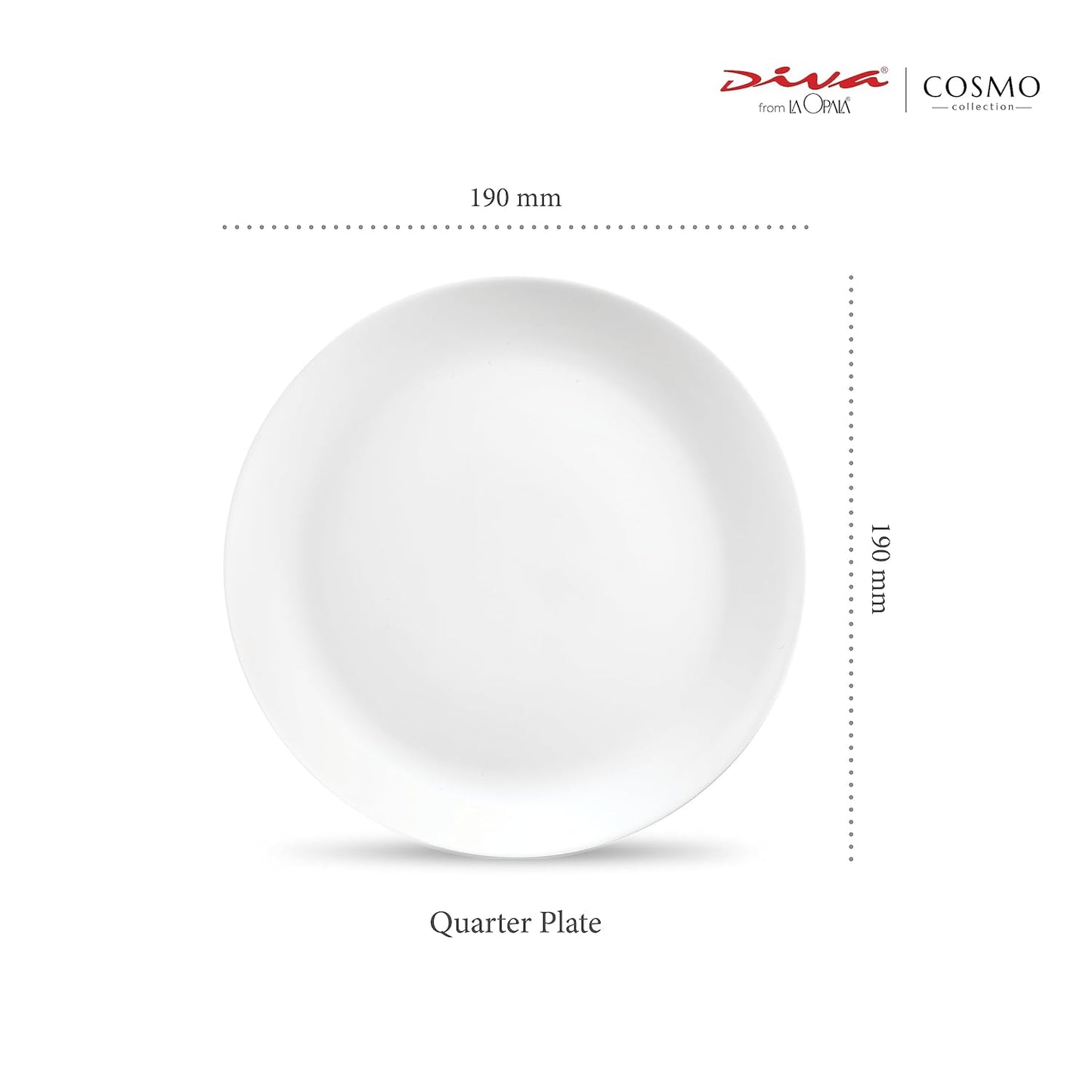 Diva by La Opala, Cosmo Collection, Opal Glass Quarter Plate Set 6 pcs, Plainware, White