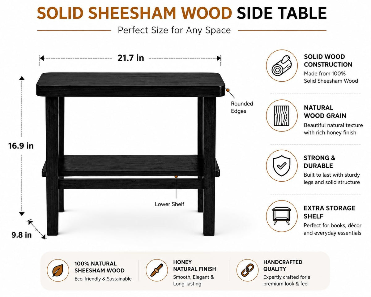 Solid Sheesham Wood C Shape Side Table for Living Room | Modern Sofa End Table | Wooden Laptop Table for Bed | 