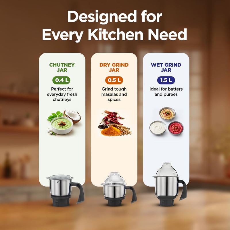 Preethi Blue Leaf Diamond Mixer Grinder, 750 Watt 3 Jars + Flexi Lid, Black