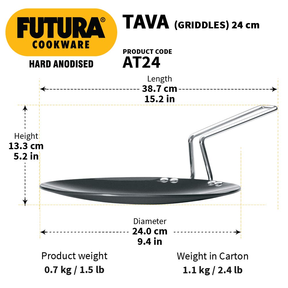 Hawkins Futura 24 cm Tava, Hard Anodised Tawa with Stainless Steel Handle, Black (AT24)