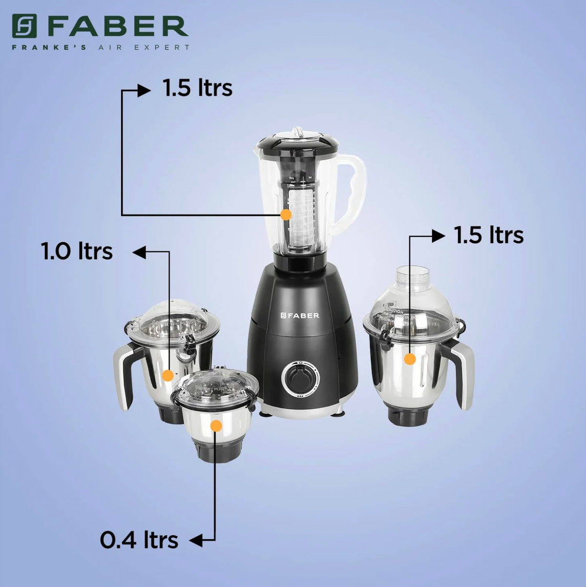 Faber Crown 800W Blender Mixer Grinder, 3 SS Clip Lock Jars + 1 PC jar || Low-Noise Copper Motor, up to 20000 RPM Speed 