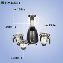 Faber Crown 800W Blender Mixer Grinder, 3 SS Clip Lock Jars + 1 PC jar || Low-Noise Copper Motor, up to 20000 RPM Speed 