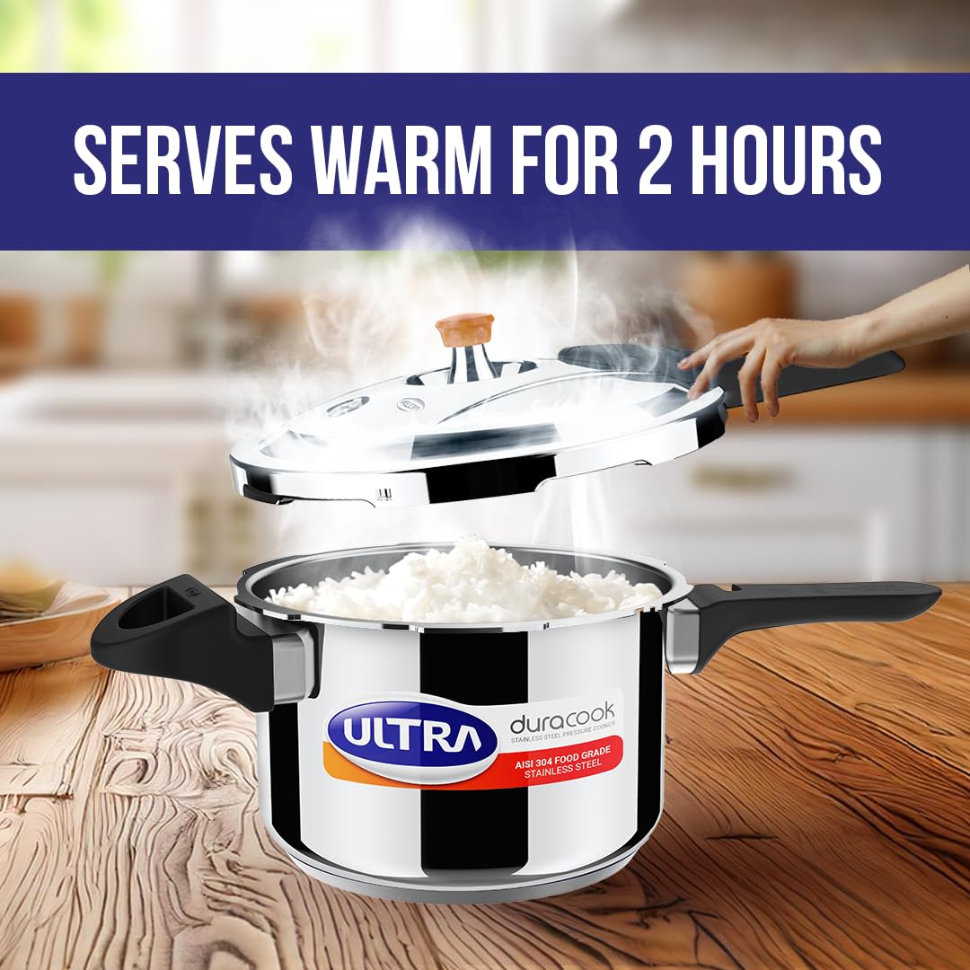 Ultra Duracook Pressure Cooker 3 Litre | AISI 304 Food Grade Stainless Steel Cooker | 10 Years Warranty | High Impact 3-Layer Composite Base | Bakelite Handles | Keeps Food Warm for up to 2 Hours
