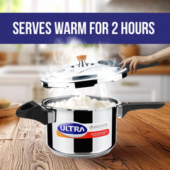 Ultra Duracook Pressure Cooker 3 Litre | AISI 304 Food Grade Stainless Steel Cooker | 10 Years Warranty | High Impact 3-Layer Composite Base | Bakelite Handles | Keeps Food Warm for up to 2 Hours