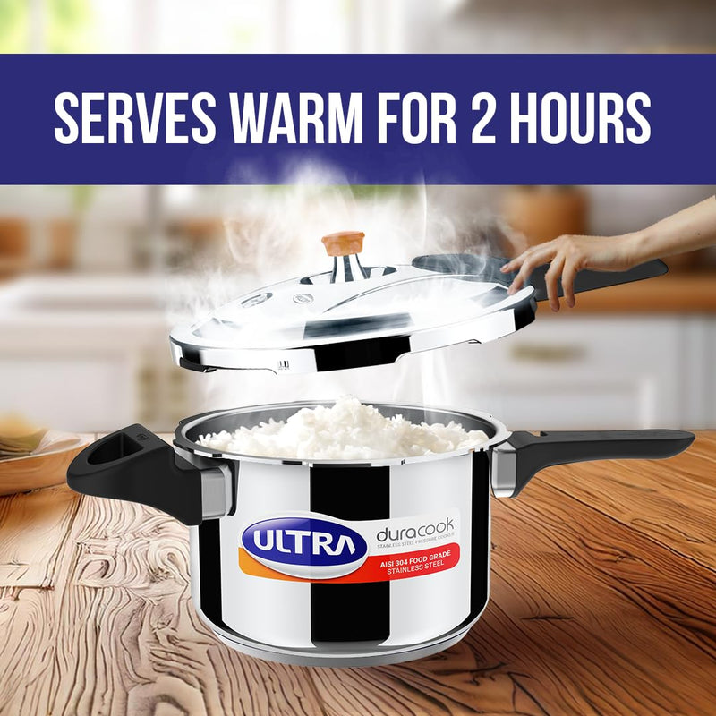 Ultra Duracook Pressure Cooker 3 Litre | AISI 304 Food Grade Stainless Steel Cooker | 10 Years Warranty | High Impact 3-Layer Composite Base | Bakelite Handles | Keeps Food Warm for up to 2 Hours