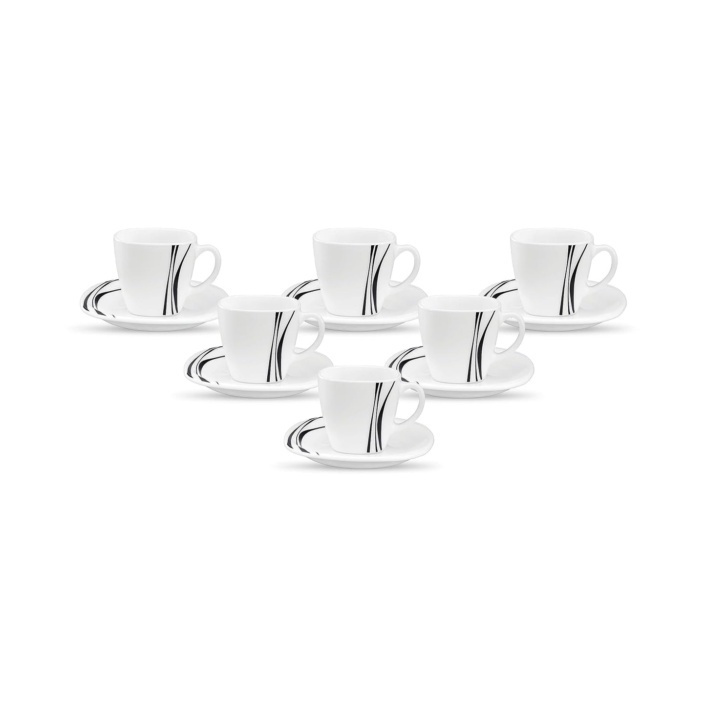 La Opala Diva, Quadra Collection Opal Glass Crockery | Coffee Cup & Saucer, Set of 12 | Midnight Black 125 ml | for Tea & Coffee | Microwave Safe | 100% Vegetarian | Extra Strong | Super Light & White