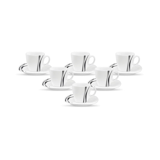 La Opala Diva, Quadra Collection Opal Glass Crockery | Coffee Cup & Saucer, Set of 12 | Midnight Black 125 ml | for Tea & Coffee | Microwave Safe | 100% Vegetarian | Extra Strong | Super Light & White