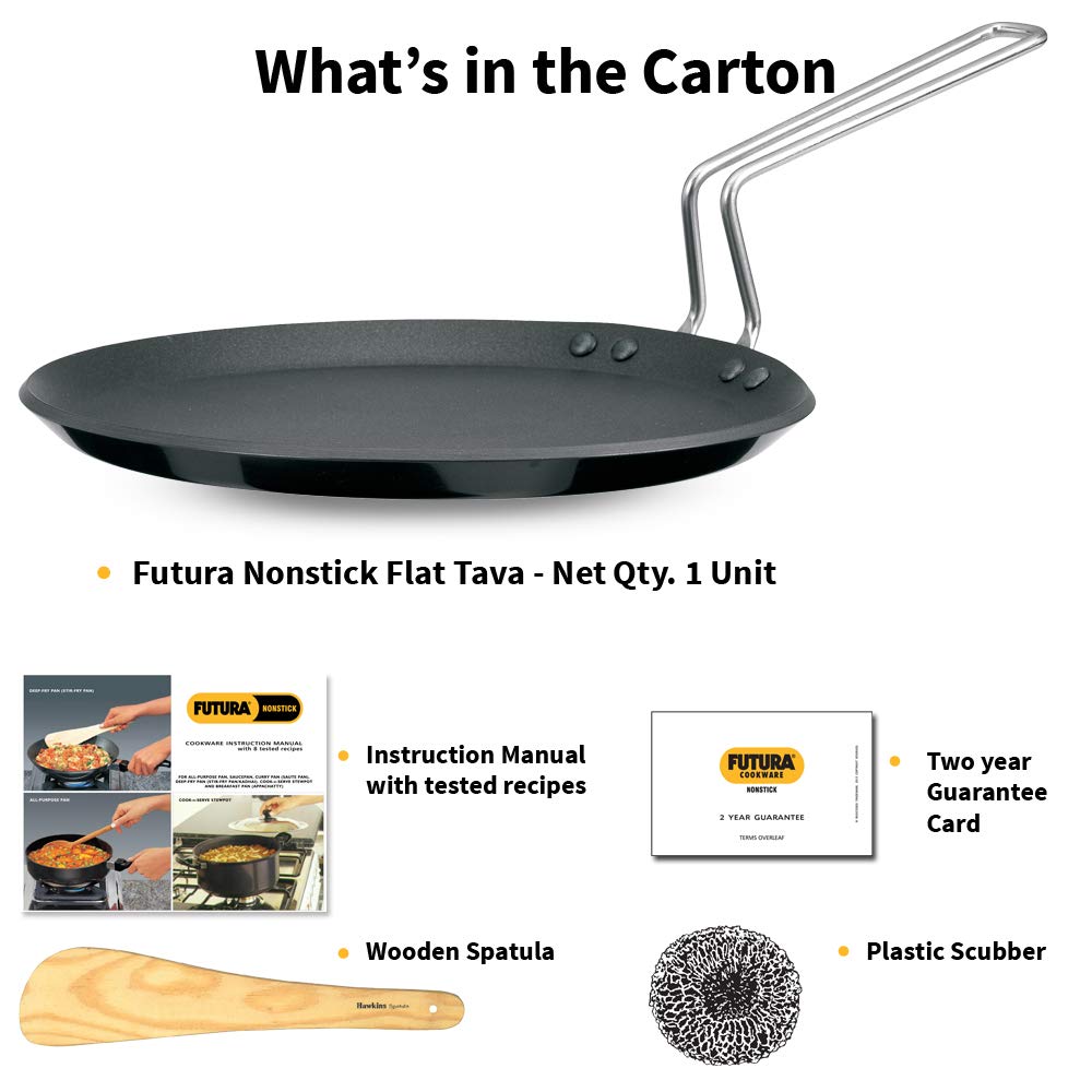 Hawkins Futura 26 cm Flat Tava, Non Stick Tawa with Stainless Steel Handle, Tawa with Rim, Pancake Pan, Flat Pan, Black (NFT26)