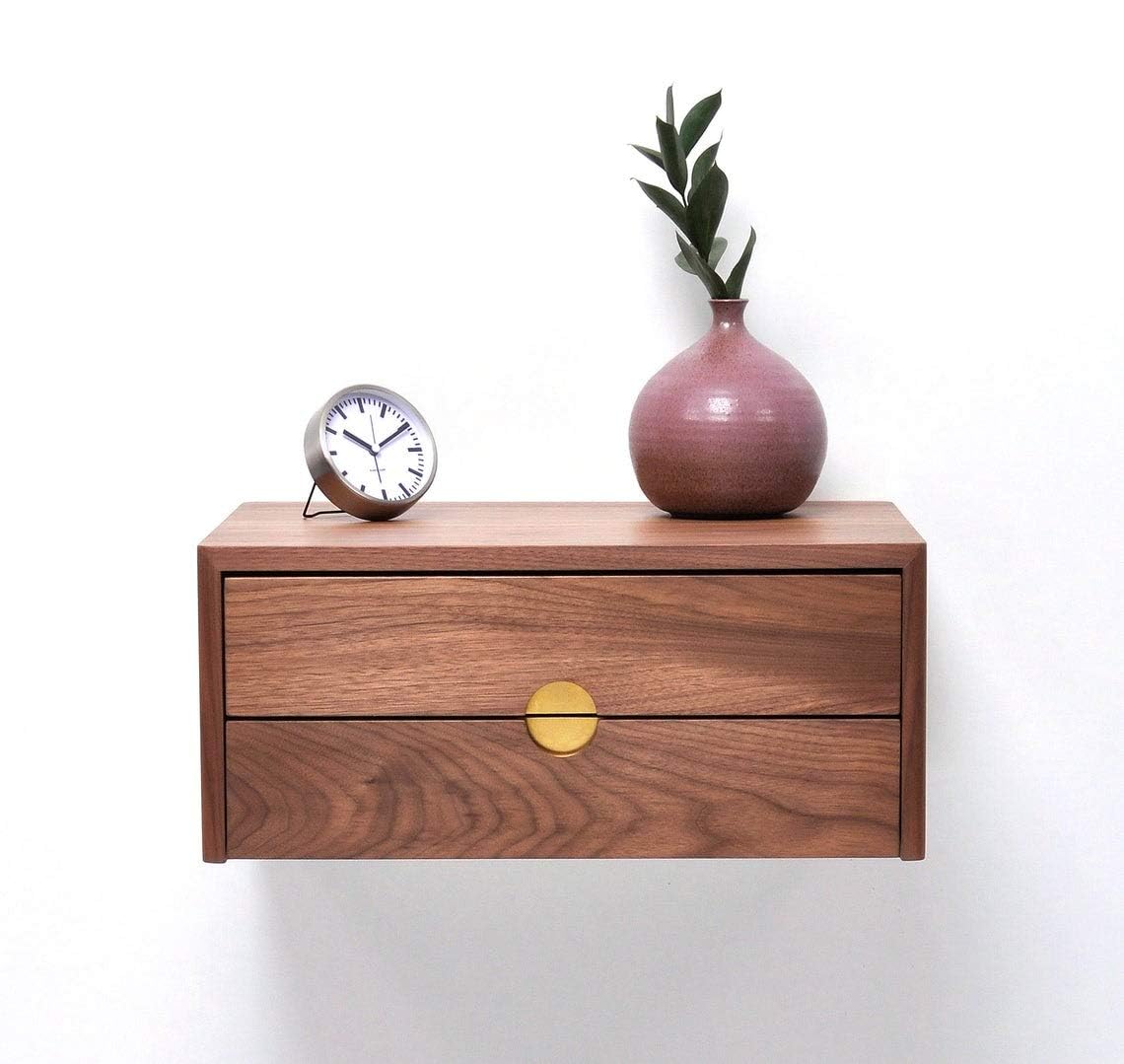 Elegant Floating Nightstand with Double Drawer – Sheesham Wood, Walnut Finish – Space-Saving Wall-Mounted Bedsi