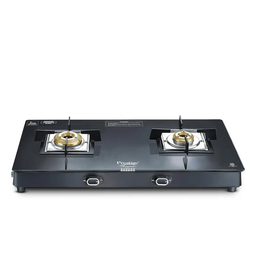 Prestige Royale Quadra 2Burner Gas Stove|Superior Toughened Glasstop with 5-Year Warranty |3-Way Nozzle Design|Tri-Pin Jumbo Burner|Uniquely Designed Pan Support |Elegantly Designed Knobs|Black