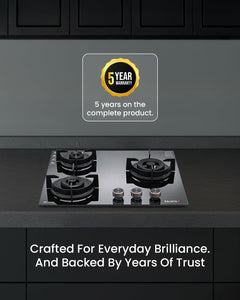 Sujata 3 Burner Gas Stove Glass Top | 5 Years Warranty | Auto Ignition Gas Stove 3 Burner, CookTop cum Hob Top 3 Burners, LPG & PNG Compatible, Brass Burner (Indium Auto Ignition - Black)