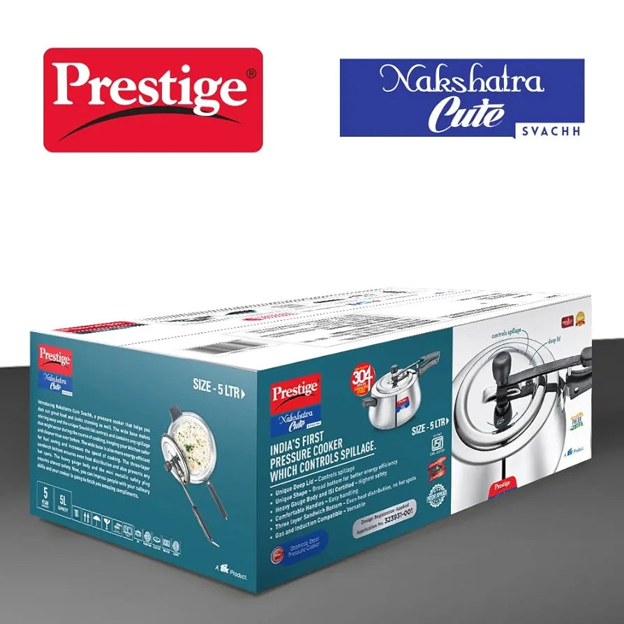 Prestige 5Litre Stainless Steel Nakshatra Cute Svachh Pressure Cooker|Deep Inner lid for spillage control|Induction compatible|3 layers sandwich bottom|Heavy gauge body|5 years warranty|ISI Certified