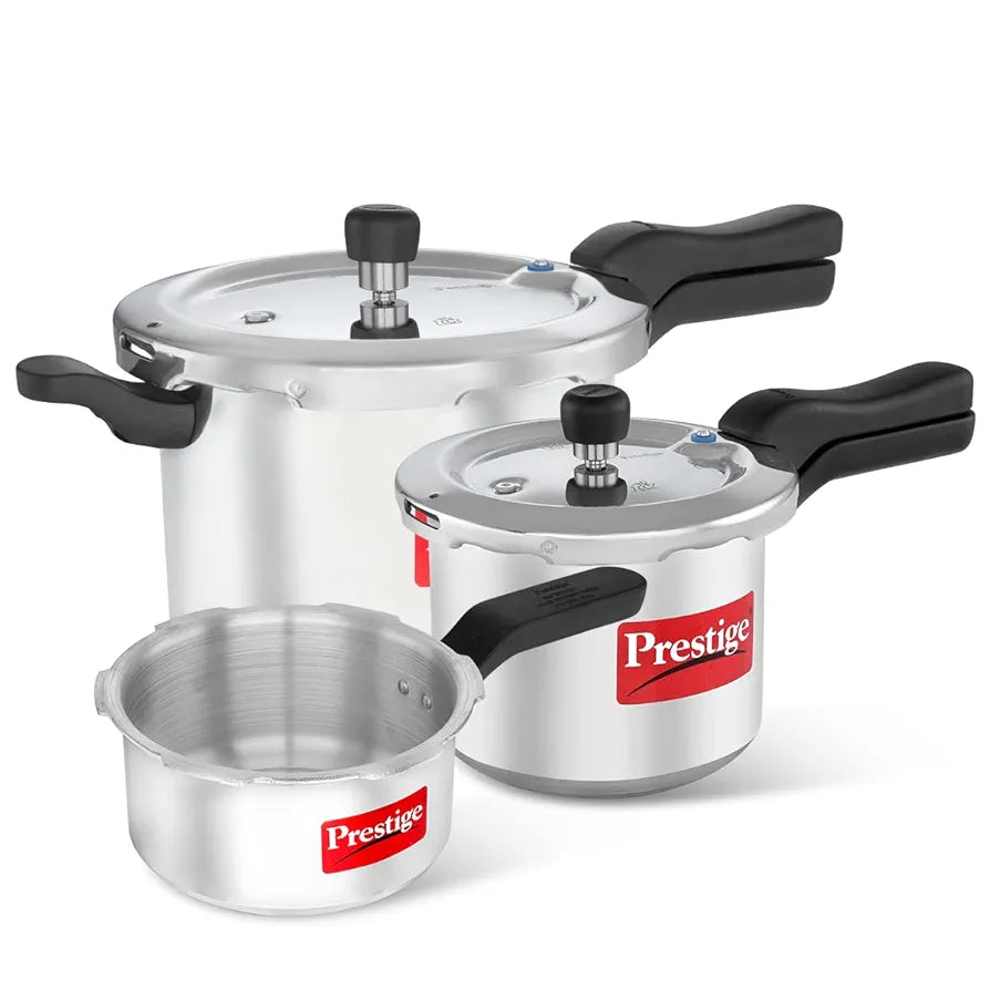 Prestige 2L+3L+5L Aluminium Svachh Outer Lid Pressure Cooker combo with 2 Lids|Deep Lid for spillage control|Gas & Induction Compatible|Gasket Release System|5 years warranty|ISI Certified