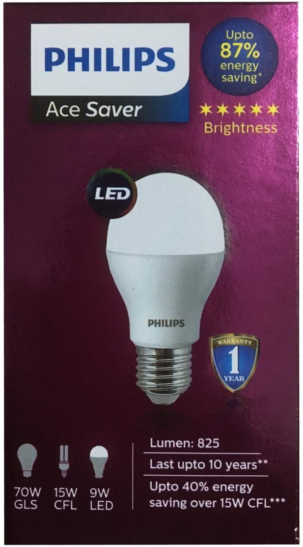Philips Ace Saver Base E27 9-Watt LED Bulb (Pack of 2, Warm White) (Small)