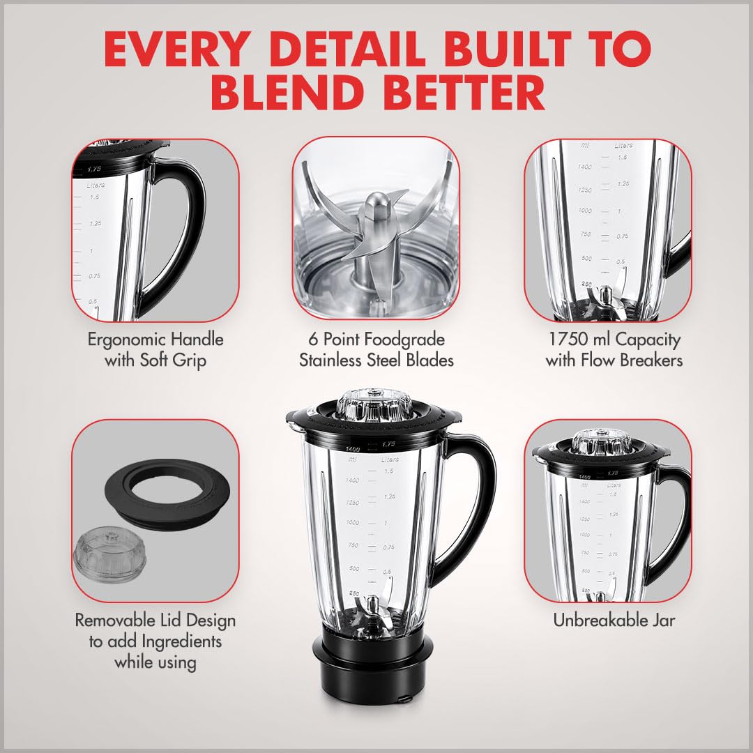 Sujata Blender Plastic Jar, 1750 ml - Black