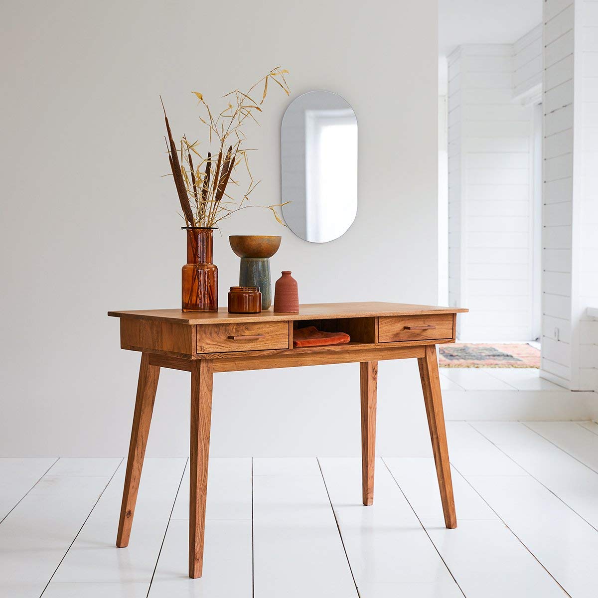 Oslo Solid Acacia Console 117Sheesham Wood Round Console Table for Living Room | Wooden Side Table | Honey Fini