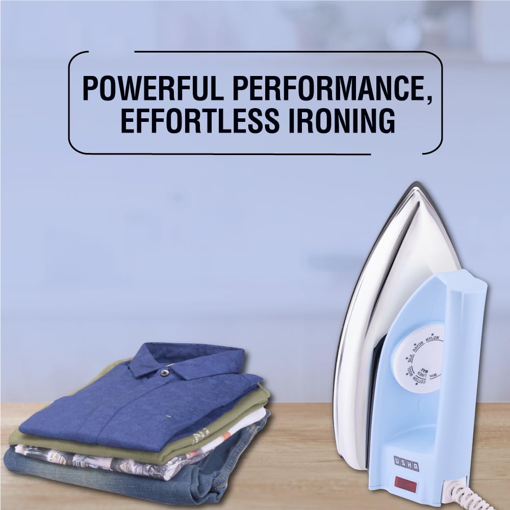 USHA EI 4175-M 750W ULTRA LIGHT WEIGHT ELECTRIC IRON WITH NON STICK PTFE COATED (BLACK WEILBURGER) SOLE PLATE, LIGHT BLUE