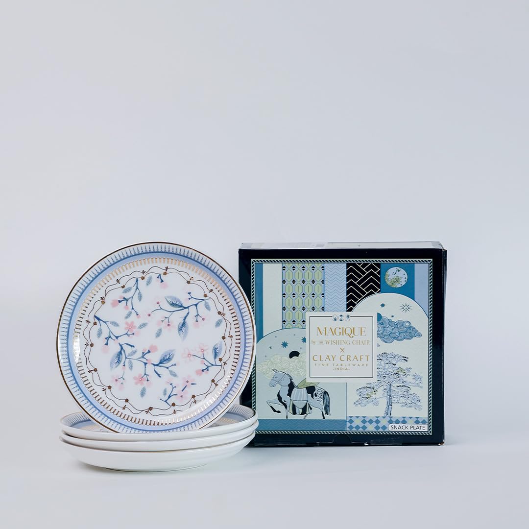 Magique by The Wishing Chair x ClayCraft : River of Flowers Ceramic Plates Set of 4 | 6 Inches | Snack Plates | Elegant Lightweight Small Ceramic Plates for Appetizers & Desserts | Dishwasher Safe
