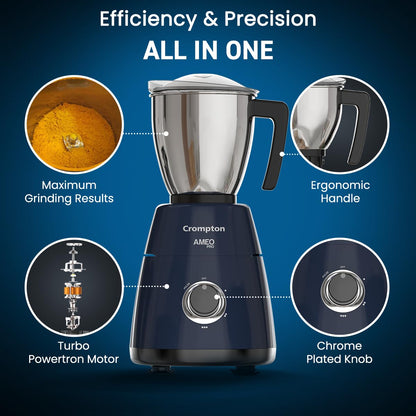 Crompton Ameo Pro 750W 3 Jar | Mixer Grinder | MaxiGrind | Motor Vent-X Technology |3 Stainless Steel Jars and 1 Juicer Jar | Black & Blue