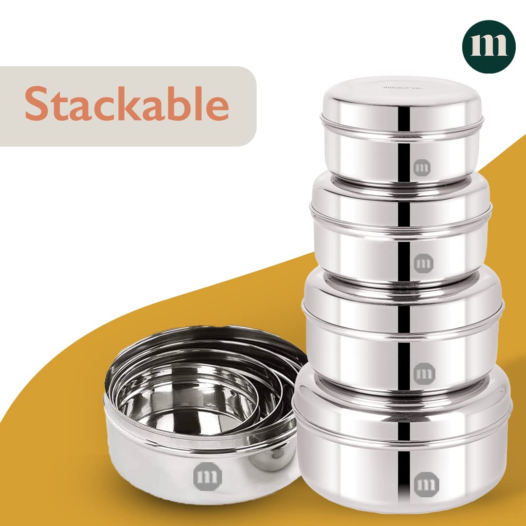 MARU Fridge Storage Containers Stainless Steel set of 4 ((250ml, 450ml, 600ml, 850ml) - Small Round Airtight Food Storage Container, Multipurpose Kitchen Boxes for Leftovers Food, Roti, Chapati & Atta