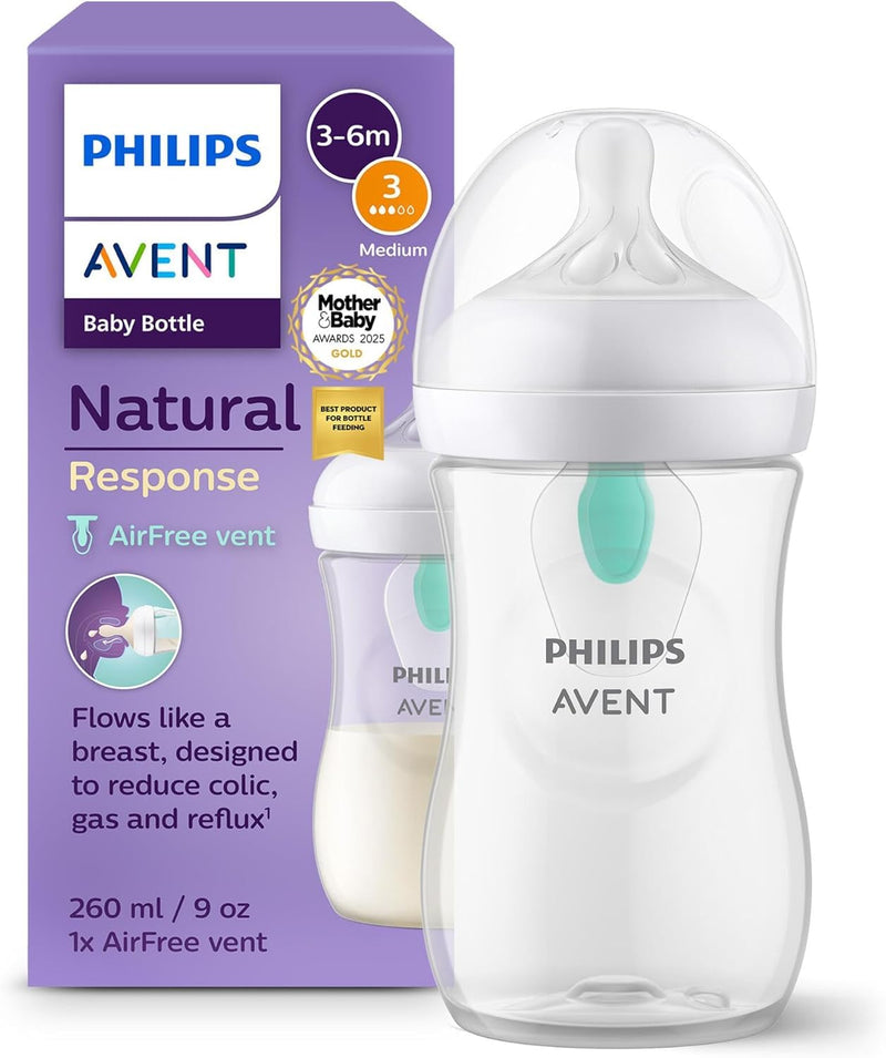 Philips Avent Natural Response Plastic Baby Bottle - 260ml Baby Milk Bottle with AirFree Vent (Clear, B0BWFN9QCB)