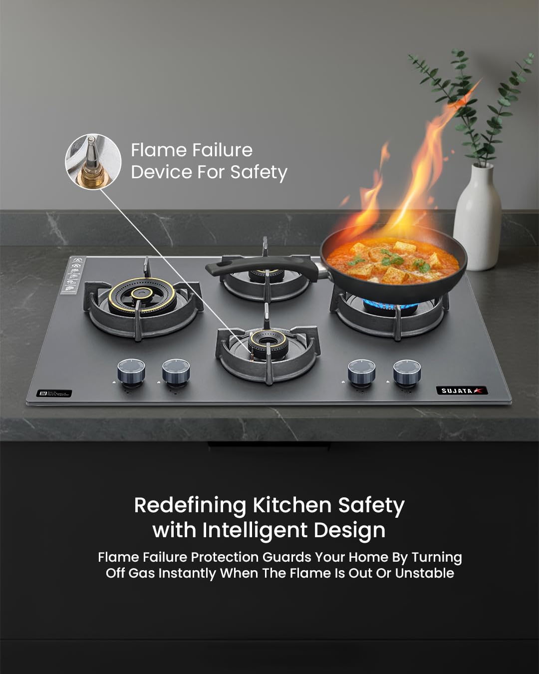 Sujata Hob Gas Stove 4 Burners Glass Top | 5 Years Warranty | 4 Burner Gas Stove Glass Top Auto Ignition, CookTop cum Hob Top, LPG & PNG Compatible, Brass Burner(Palladium FFD Auto Ignition - Black)