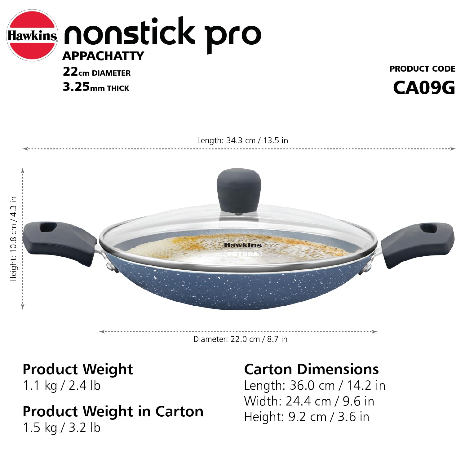Hawkins Nonstick Pro 0.9 Litre Appachatty, Mini Kadhai, Appachatti, Appachetty, Appam Pot Maker, Deep Fry Pan with Glass Lid, Granite Kadai