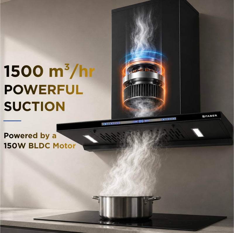 Faber SLIMX 75cm 1500m³/hr BLDC Autoclean Filterless T-Shape Chimney||Built In Oil Collector|Touch & Gesture Control|12Y