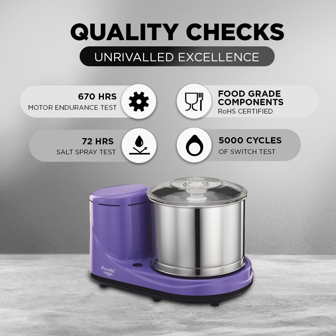 Preethi Wet Grinder|150W 2L Stainless Steel Table Top Wet Grinder|Ideal for Making South Indian Batter in Your Kitchen (Lavender)