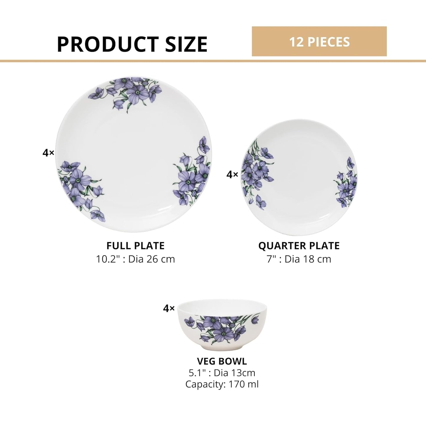 Clay Craft Fine Ceramic Eco Dinner Set, Enchanting Gold, for Family of 4, Dinner Set Ceramic, Crockery Set, Dining Set for Dinner, Crockery Set for Gift, Kitchen Set (ECO6, 12 Pieces)