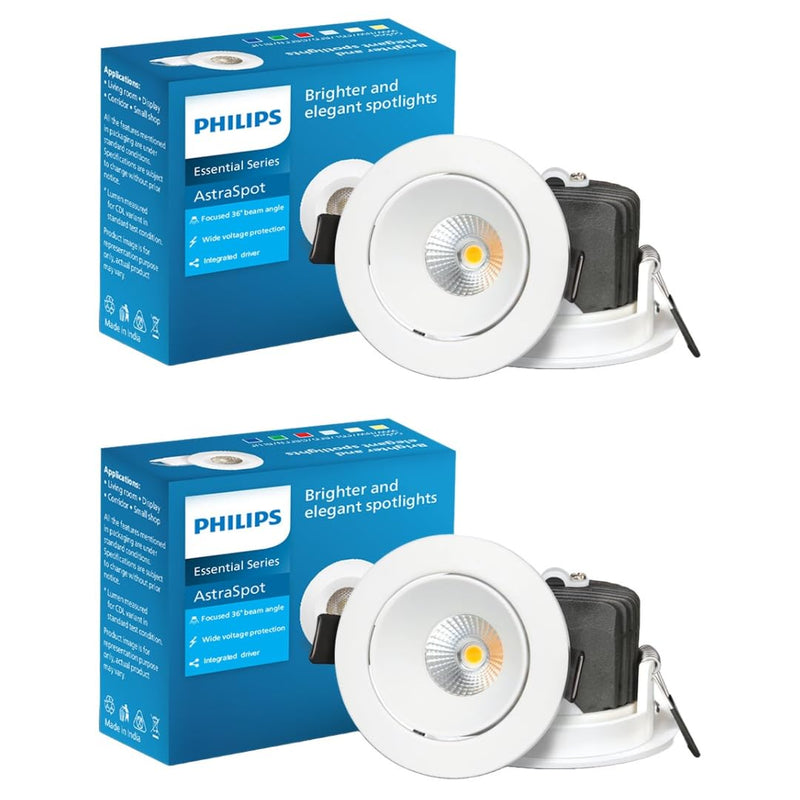 Philips Aluminium 7-Watt Round Astra Spot Recessed COB Spot Light (Warm White,Pack of 2)