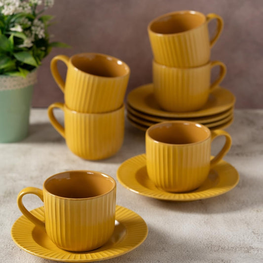Clay Craft Fine Ceramic Linea Mustard Cups & Saucer, Set of 12, Cups for Tea & Coffee, Gift Set, Elegant Design for Home and Kitchen and Can Be Gifted to Your Loved Ones On Any Occassions