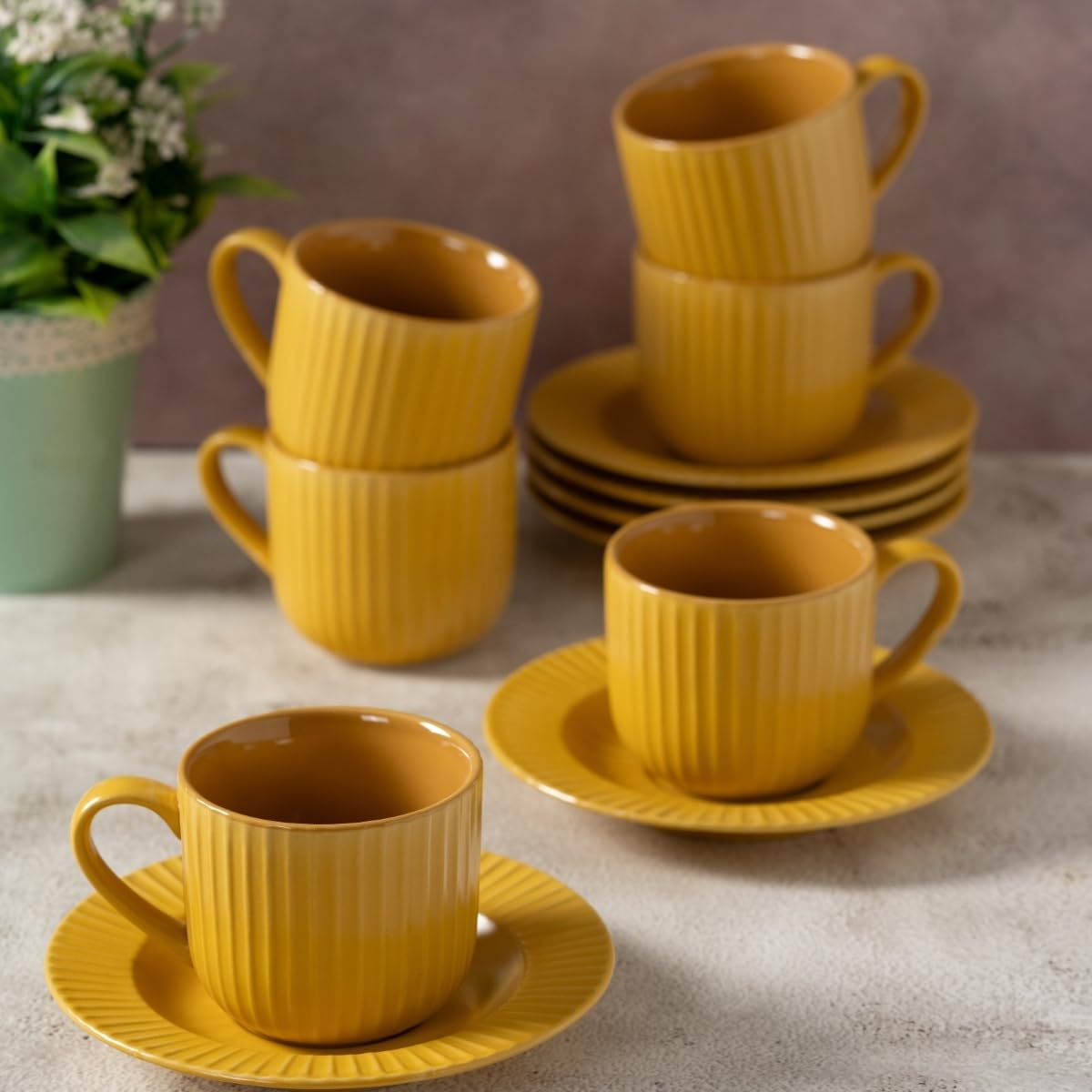 Clay Craft Fine Ceramic Linea Black Cups & Saucer, Set of 12, Cups for Tea & Coffee, Gift Set, Elegant Design for Home and Kitchen and Can Be Gifted to Your Loved Ones On Any Occassions