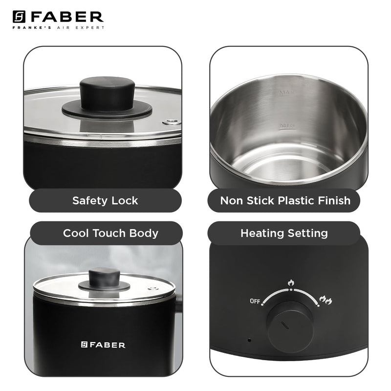 Faber 600W 1.6 liter Multi Cooker|Cool Touch Handle & Temperature Control Knob|Rapid Noodles & Spaghetti Cooker,Hot Soup