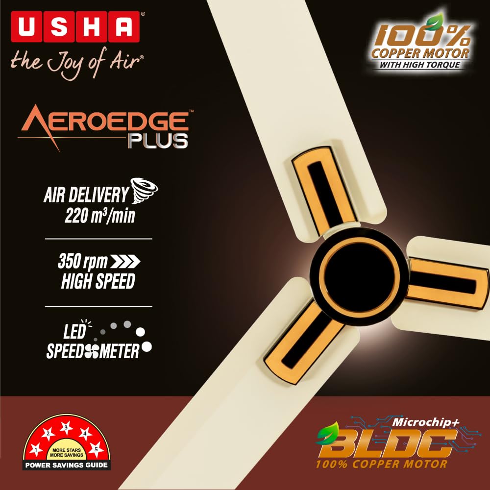 USHA AeroEdge Plus 1200mm BLDC Ceiling Fan with IR Remote | LED Indicator | BEE 5 Star Rated Energy Efficient | 100% Copper Motor | High Air Delivery 220CMM | 2 Year Warranty | (Ivory)