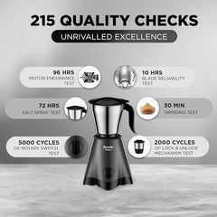 Preethi Tiara Mixer Grinder for Kitchen | 500 Watt Mixie | 3 Stainless Steel Jars  | Grey & Black