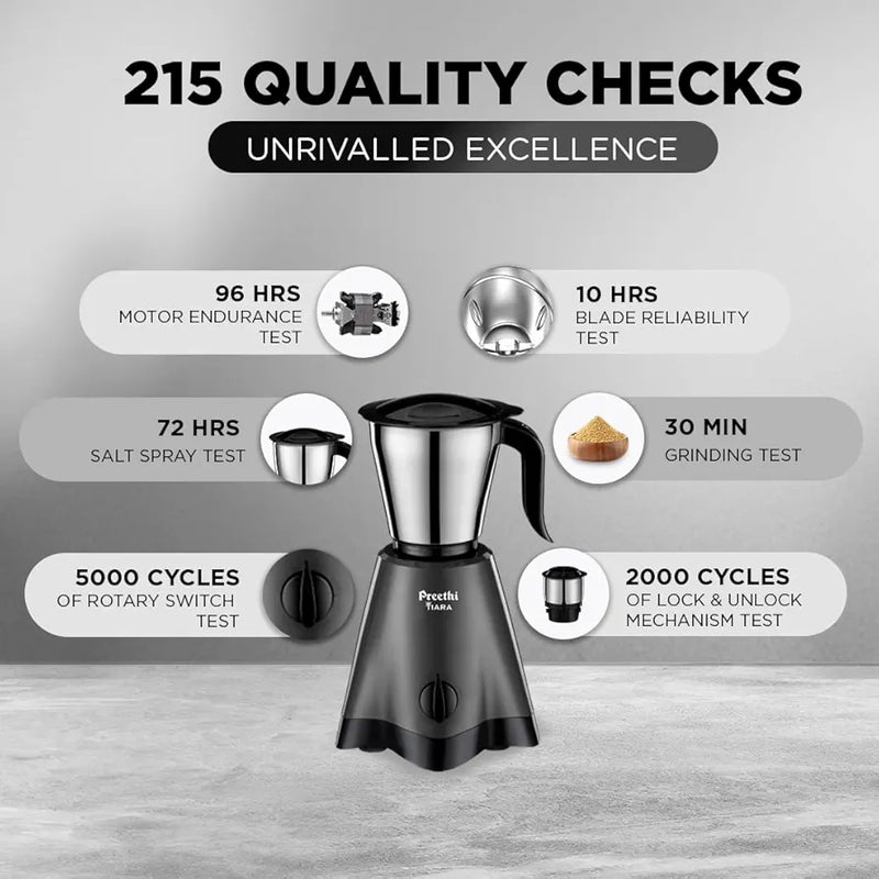 Preethi Tiara Mixer Grinder for Kitchen | 500 Watt Mixie | 3 Stainless Steel Jars  | Grey & Black
