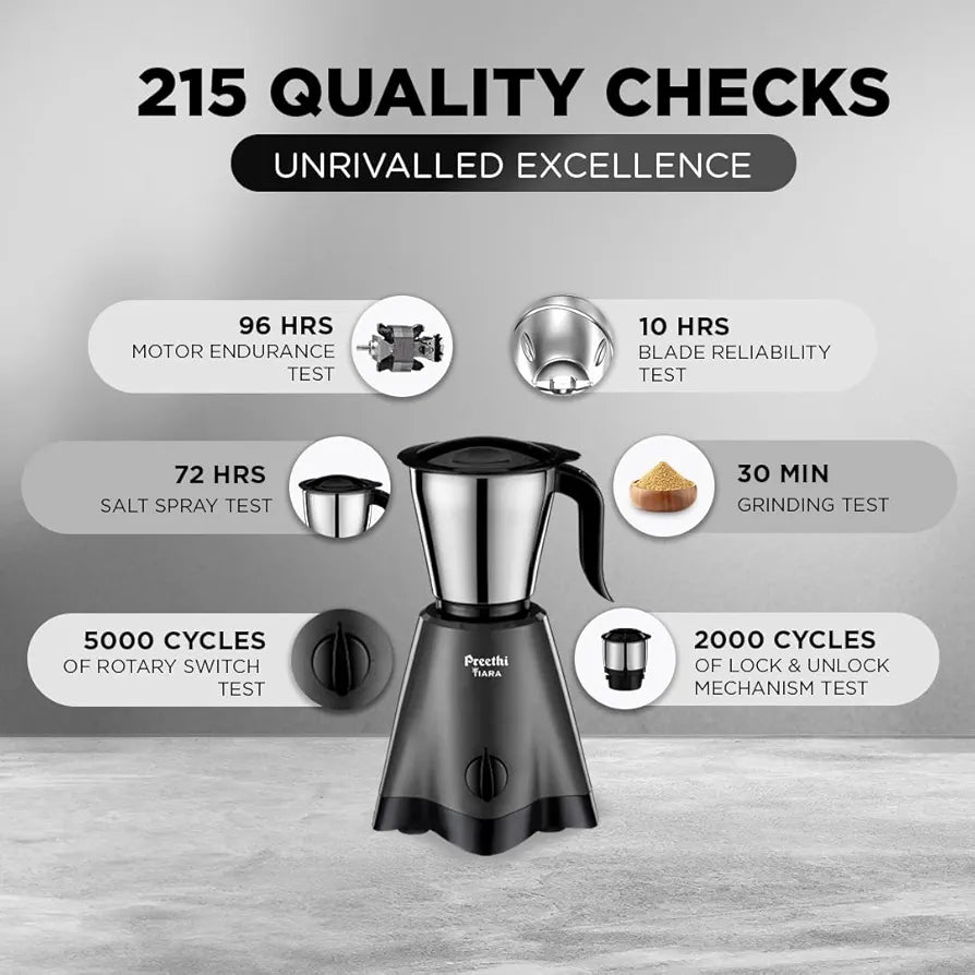 Preethi Tiara Mixer Grinder for Kitchen | 500 Watt Mixie | 3 Stainless Steel Jars  | Grey & Black