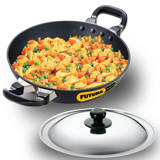 Hawkins Futura 1.5 Litre Deep Fry Pan, Non Stick Kadai with Stainless Steel Lid, Round Bottom Kadhai, Small Non Stick Kadai, Black (NK15S)
