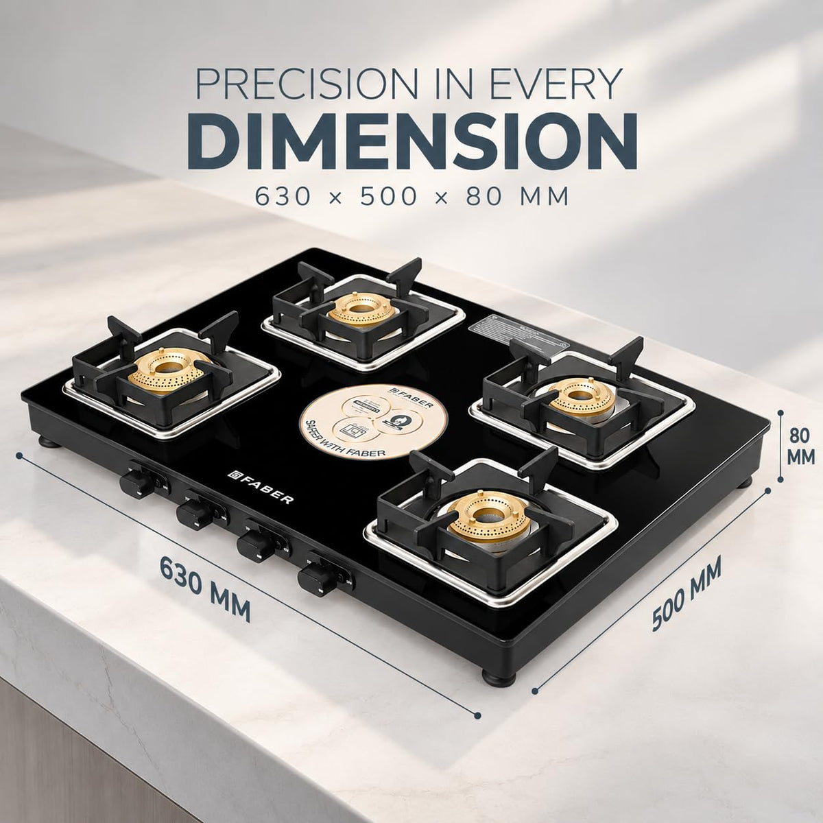 Faber Remo 4 Burner Gas Stove | 1 Jumbo + 1 Medium + 2 Small Brass Burners | Diamond Coated Pan Support | SS Drip Tray |