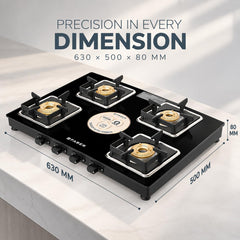 Faber Remo 4 Burner Gas Stove | 1 Jumbo + 1 Medium + 2 Small Brass Burners | Diamond Coated Pan Support | SS Drip Tray |