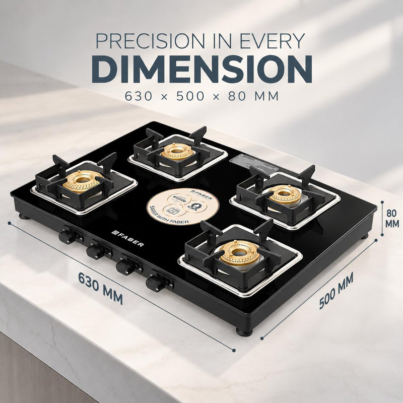 Faber Remo 4 Burner Gas Stove | 1 Jumbo + 1 Medium + 2 Small Brass Burners | Diamond Coated Pan Support | SS Drip Tray |