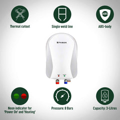 Faber 3L Water Heater | SS 304 Inner Tank & ABS Body | 4500W Power | Automatic Thermostat & Thermal Cut out | Neon Power