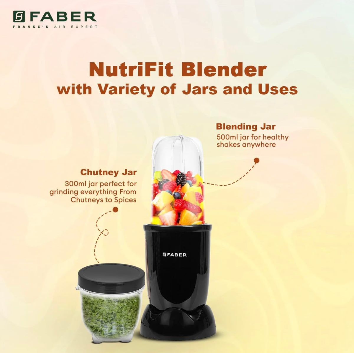 Faber Sportz 2-in-1 Nutrifit Nero Blender Mixer Grinder - 550W, 100% Copper Motor, Detachable SS Blade, 500ML & 300ML Ja