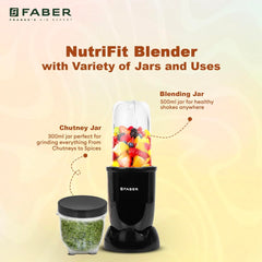 Faber Sportz 2-in-1 Nutrifit Nero Blender Mixer Grinder - 550W, 100% Copper Motor, Detachable SS Blade, 500ML & 300ML Ja