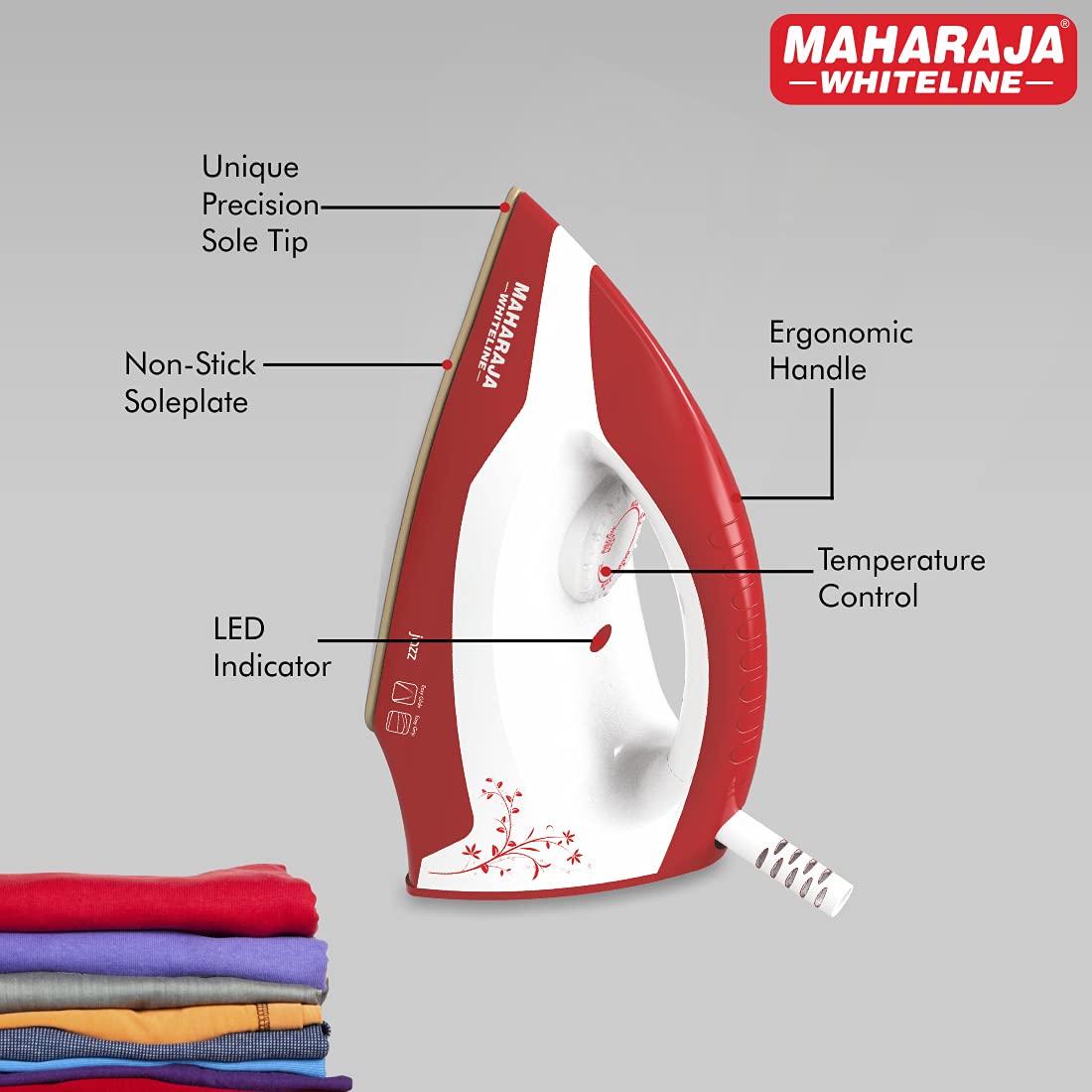 Maharaja Whiteline Jazz Dry Iron, 1000 Watt, Red and White (DI-127)